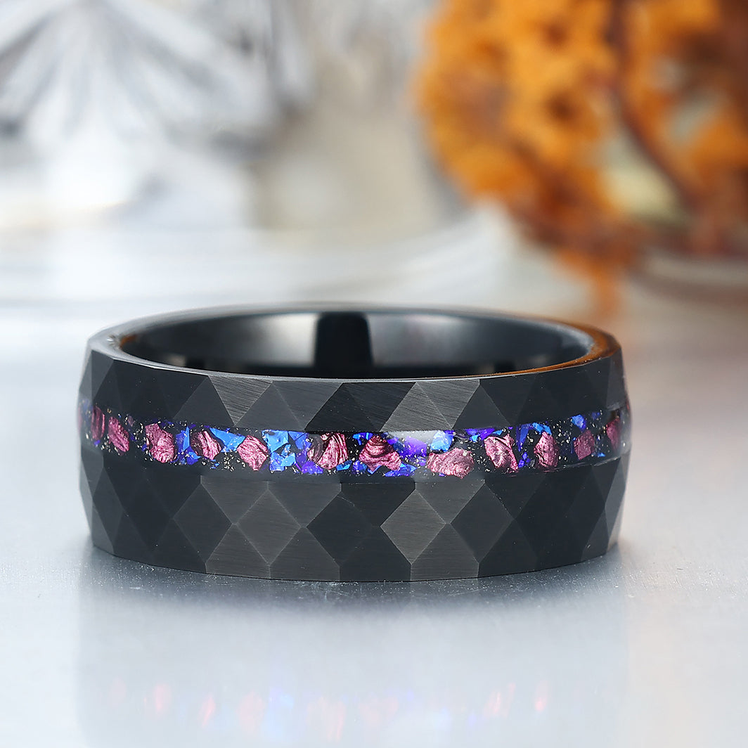 Hammered Rhombus Blue Sandstone Amethyst Inlay Tungsten Men's Ring Promise Birthday Ring