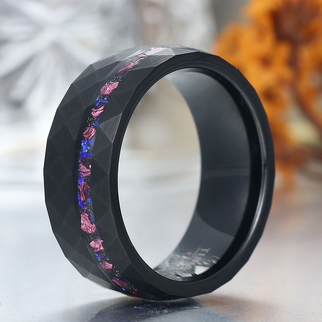 Hammered Rhombus Blue Sandstone Amethyst Inlay Tungsten Men's Ring Promise Birthday Ring