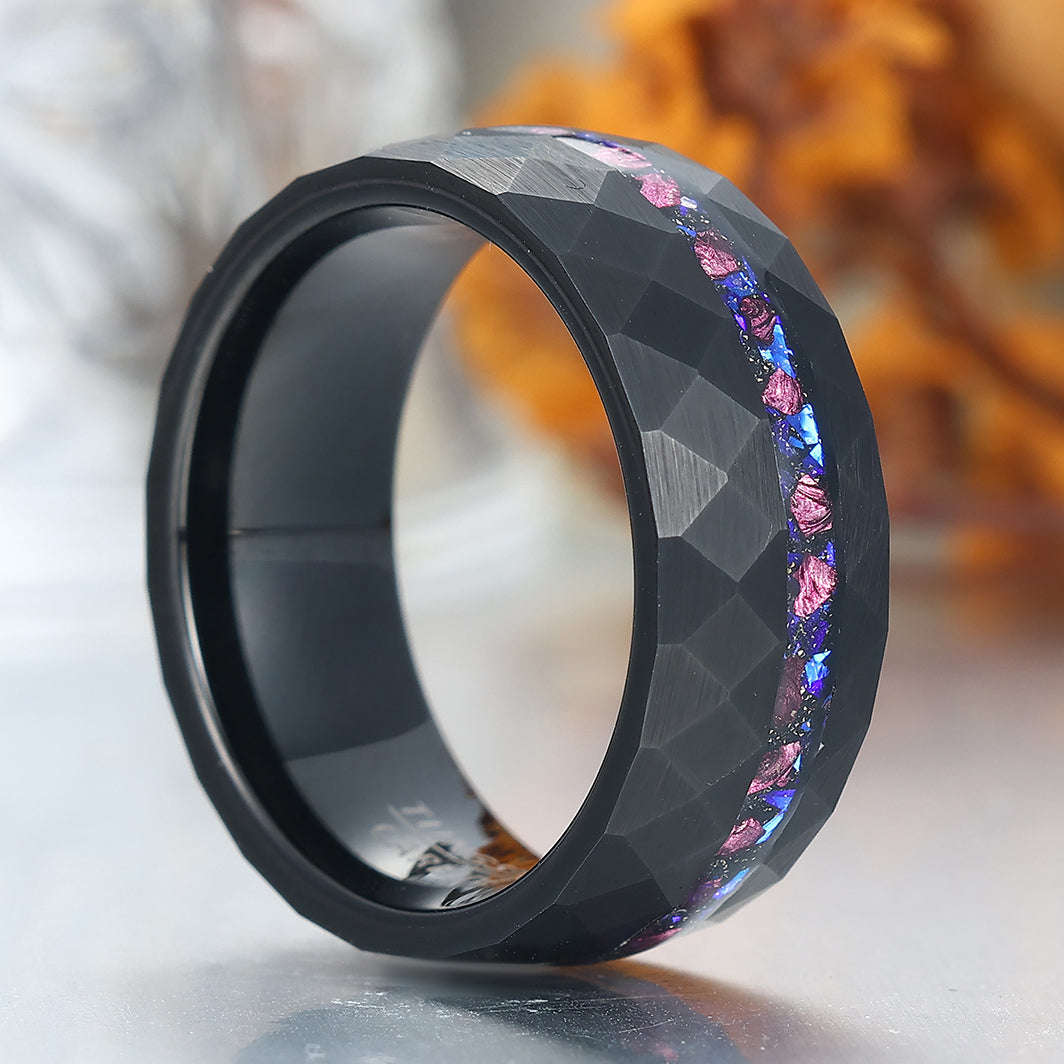 Hammered Rhombus Blue Sandstone Amethyst Inlay Tungsten Men's Ring Promise Birthday Ring