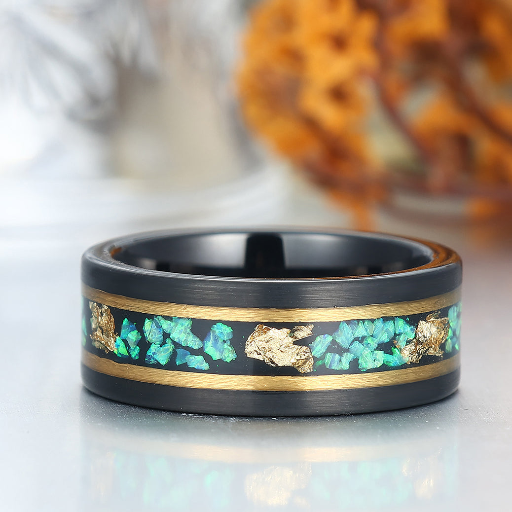 Wire Drawed Blue Green Red Opal and Gold Foils Tungsten Ring Men's Anniversary Ring