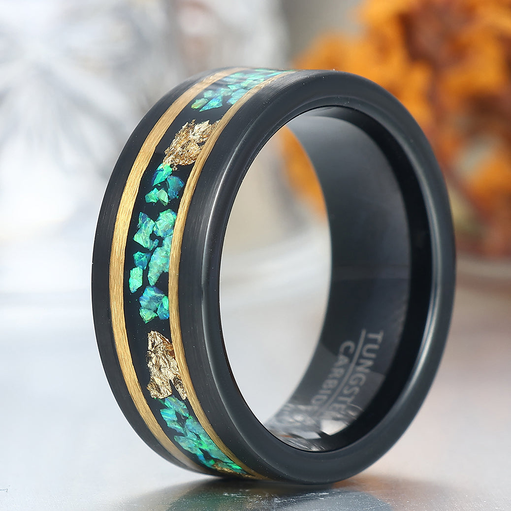 Wire Drawed Blue Green Red Opal and Gold Foils Tungsten Ring Men's Anniversary Ring