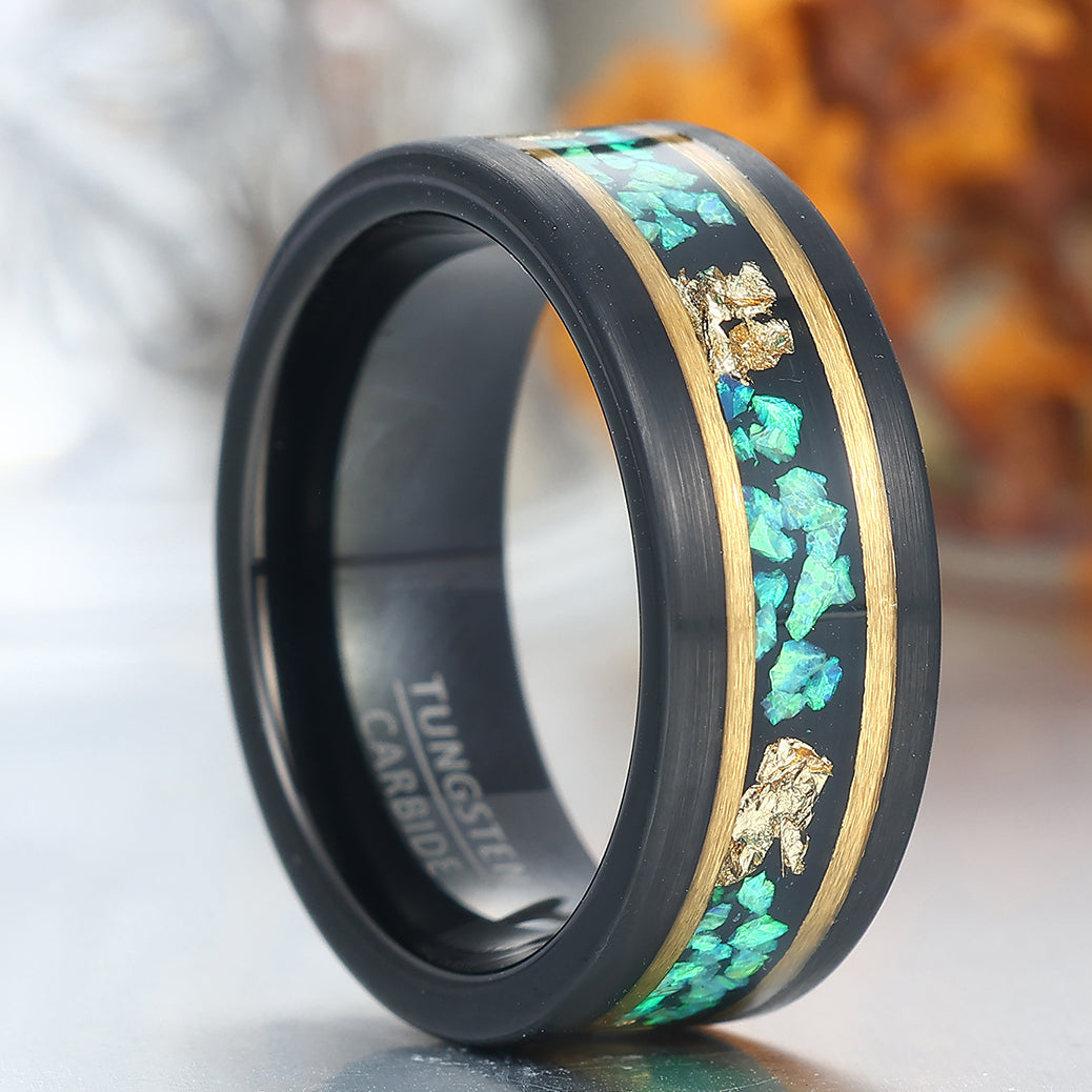 Wire Drawed Blue Green Red Opal and Gold Foils Tungsten Ring Men's Anniversary Ring