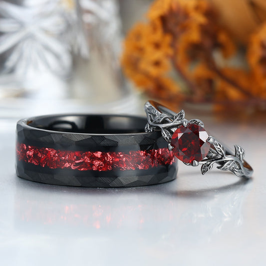 Natural Red Garnet Wheat Design Engagement Couple Rings 925 Sterling Silver And Tungsten Black Plated Rings