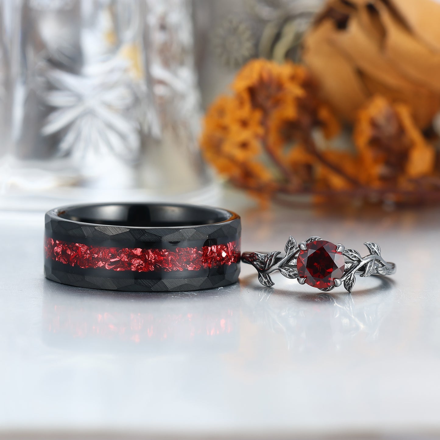Natural Red Garnet Wheat Design Engagement Couple Rings 925 Sterling Silver And Tungsten Black Plated Rings