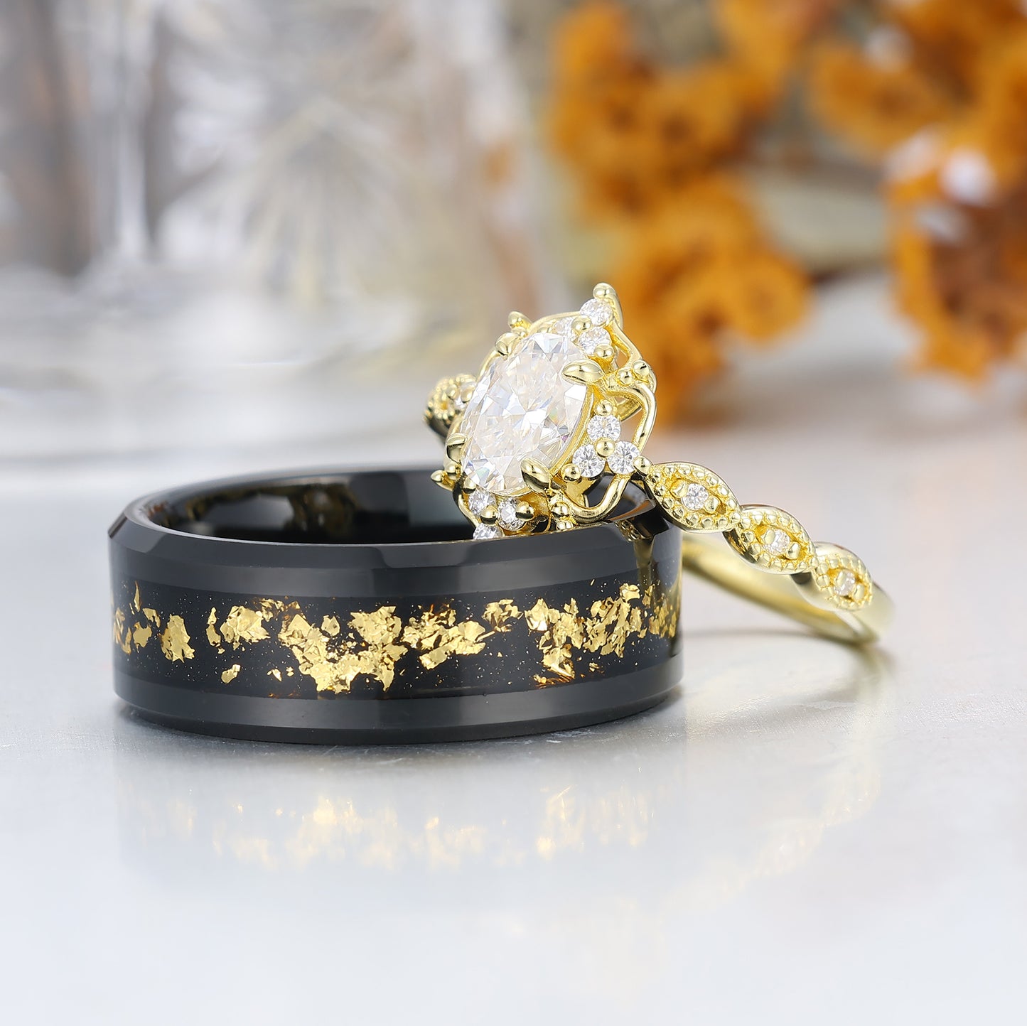 Antique Moissanite Engagement Floral Prongs Couples Ring Set 925 Sterling Silver And Tungsten Ring Set