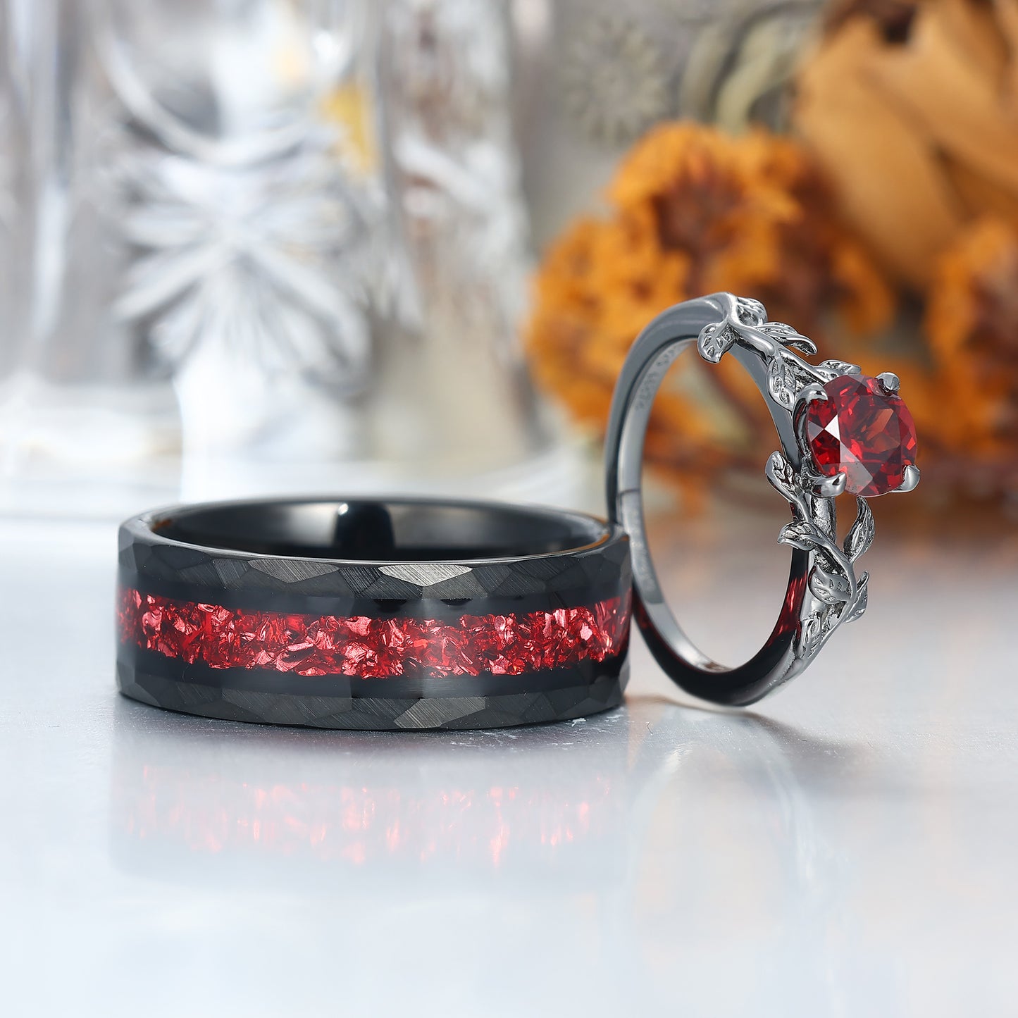 Natural Red Garnet Wheat Design Engagement Couple Rings 925 Sterling Silver And Tungsten Black Plated Rings