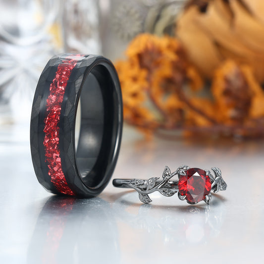 Natural Red Garnet Wheat Design Engagement Couple Rings 925 Sterling Silver And Tungsten Black Plated Rings