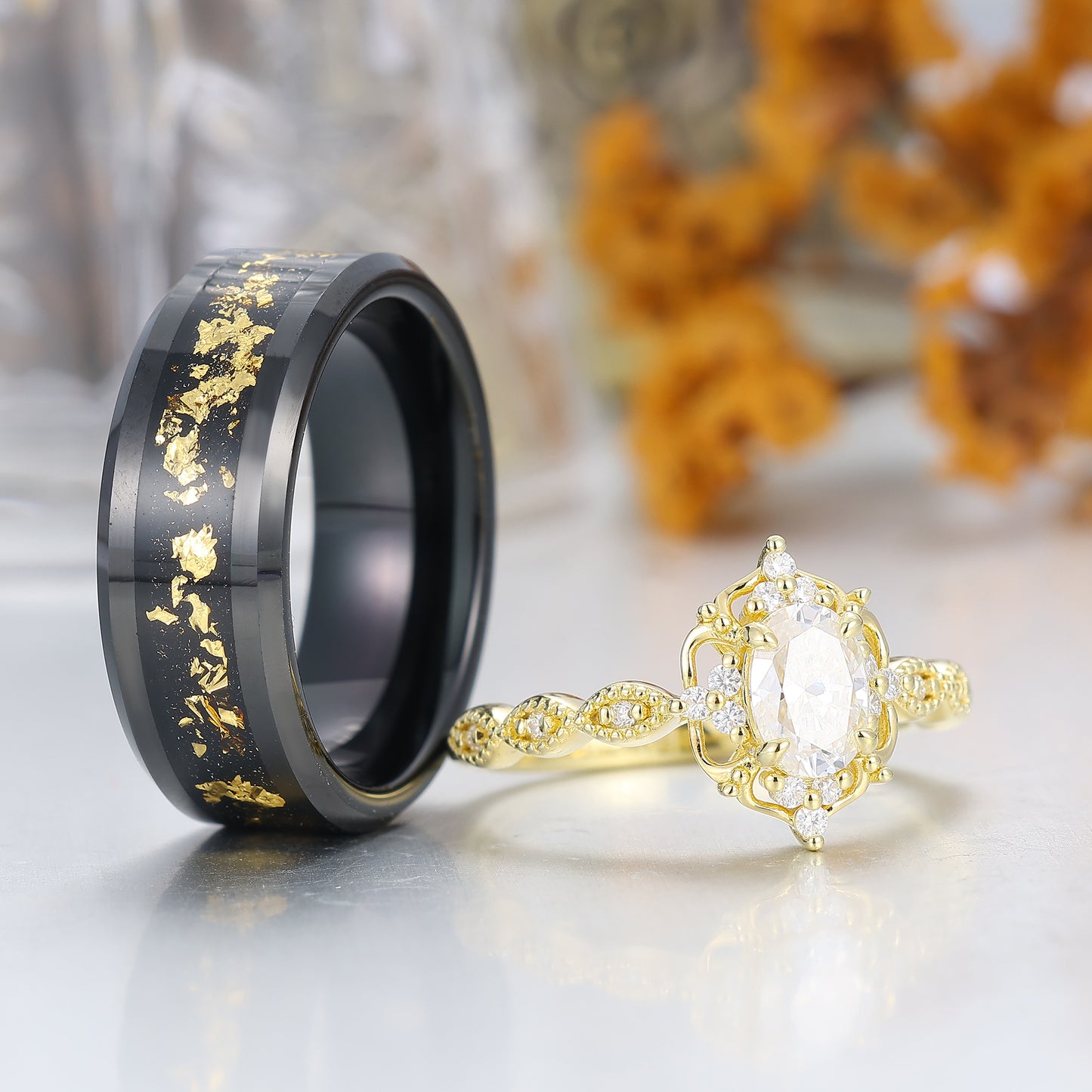 Antique Moissanite Engagement Floral Prongs Couples Ring Set 925 Sterling Silver And Tungsten Ring Set