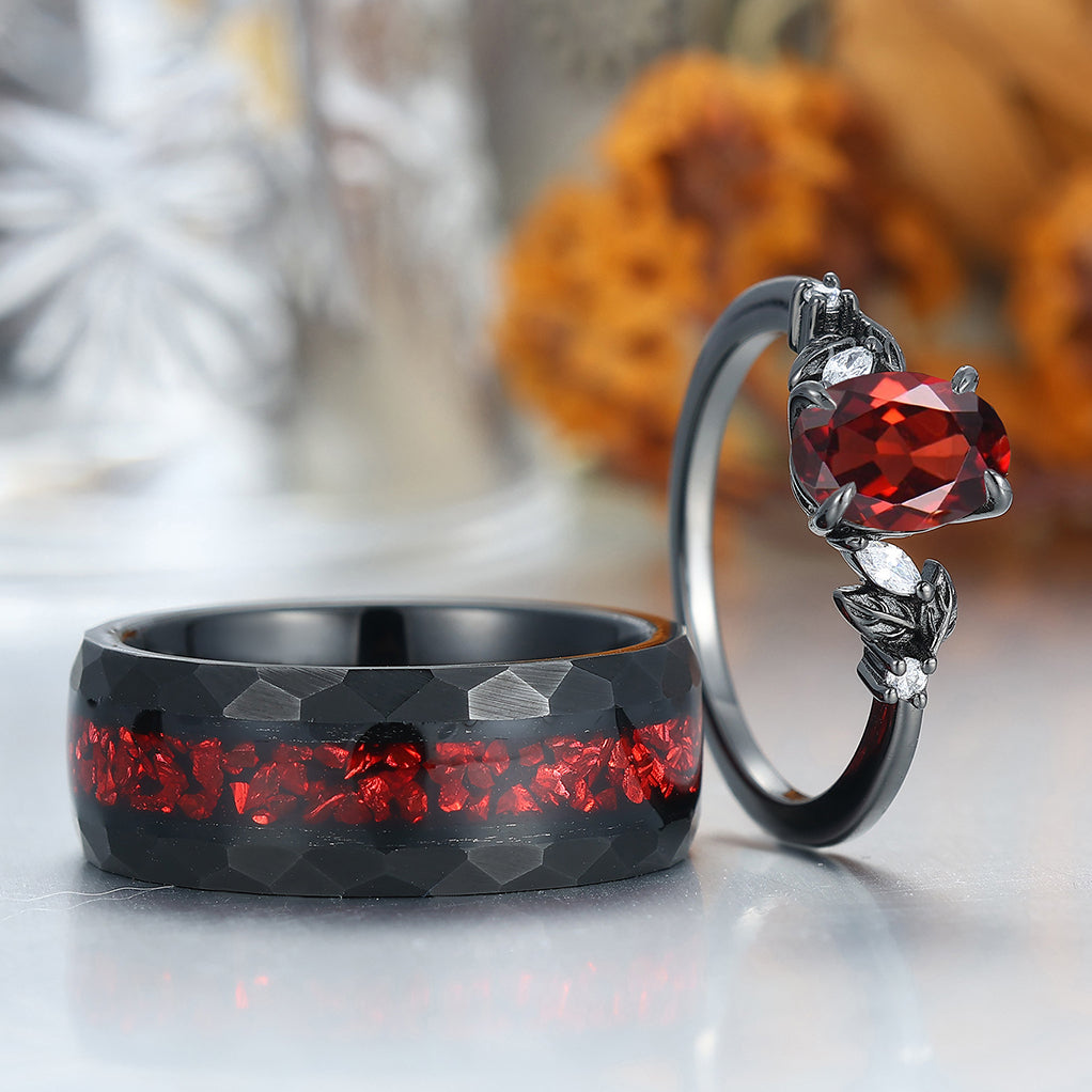 Leaves Natural Red Garnet Engagement Black Plated Couples Ring Hammered Tungsten Matching Band Couples' Set
