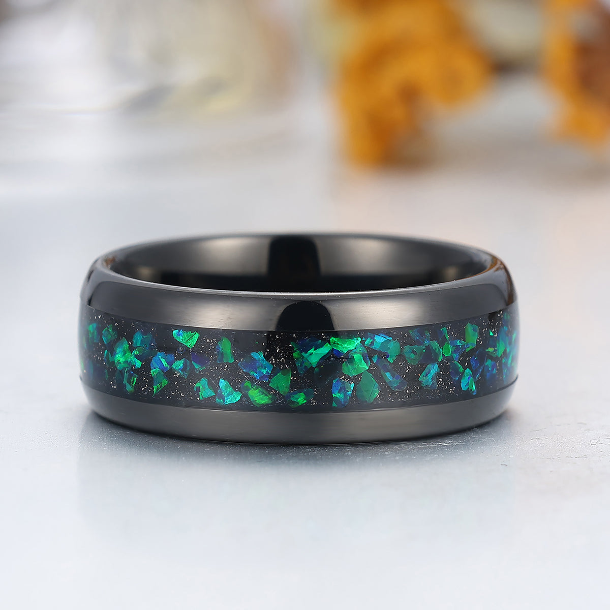 Peacock Green Opal Inlay Tungsten Carbide Ring Black Plated Men's Wedding Band Blue Green Ring