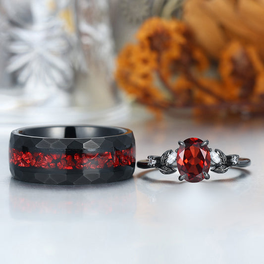 Leaves Natural Red Garnet Engagement Black Plated Couples Ring Hammered Tungsten Matching Band Couples' Set