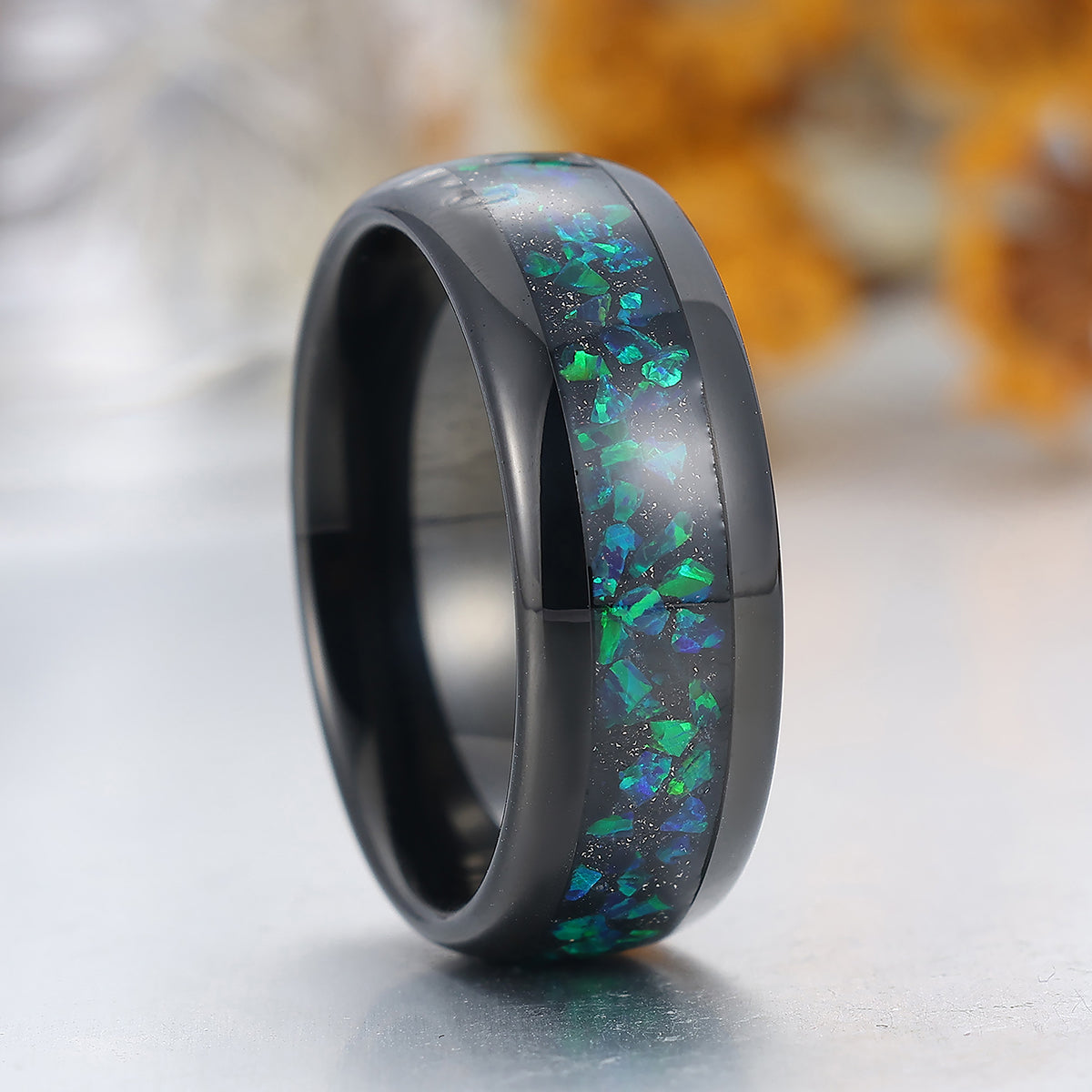 Peacock Green Opal Inlay Tungsten Carbide Ring Black Plated Men's Wedding Band Blue Green Ring