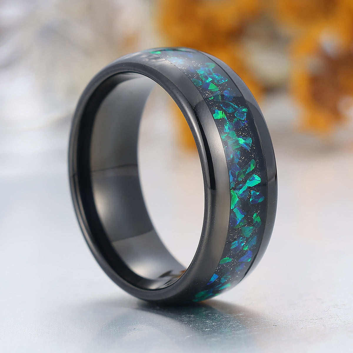 Peacock Green Opal Inlay Tungsten Carbide Ring Black Plated Men's Wedding Band Blue Green Ring