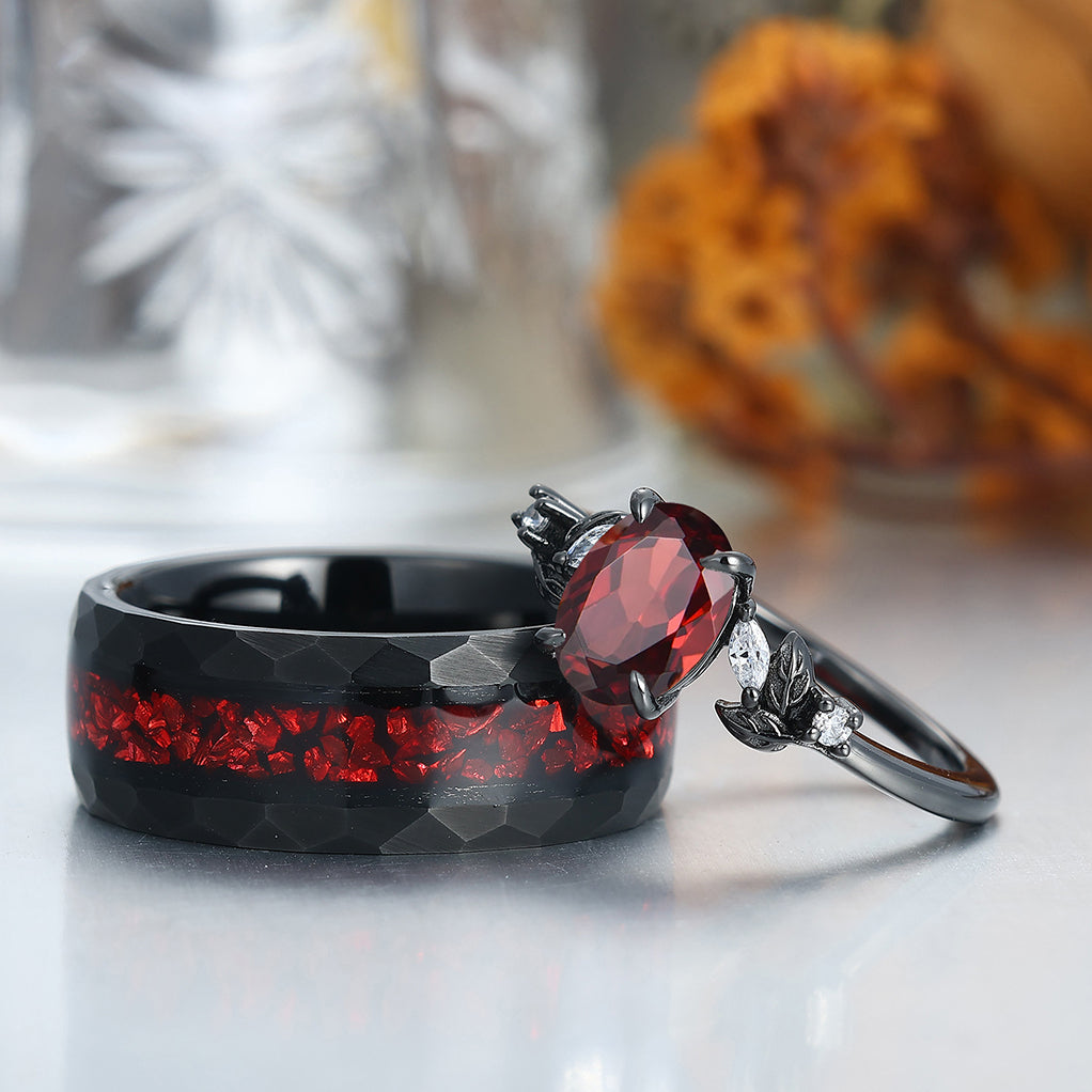 Leaves Natural Red Garnet Engagement Black Plated Couples Ring Hammered Tungsten Matching Band Couples' Set