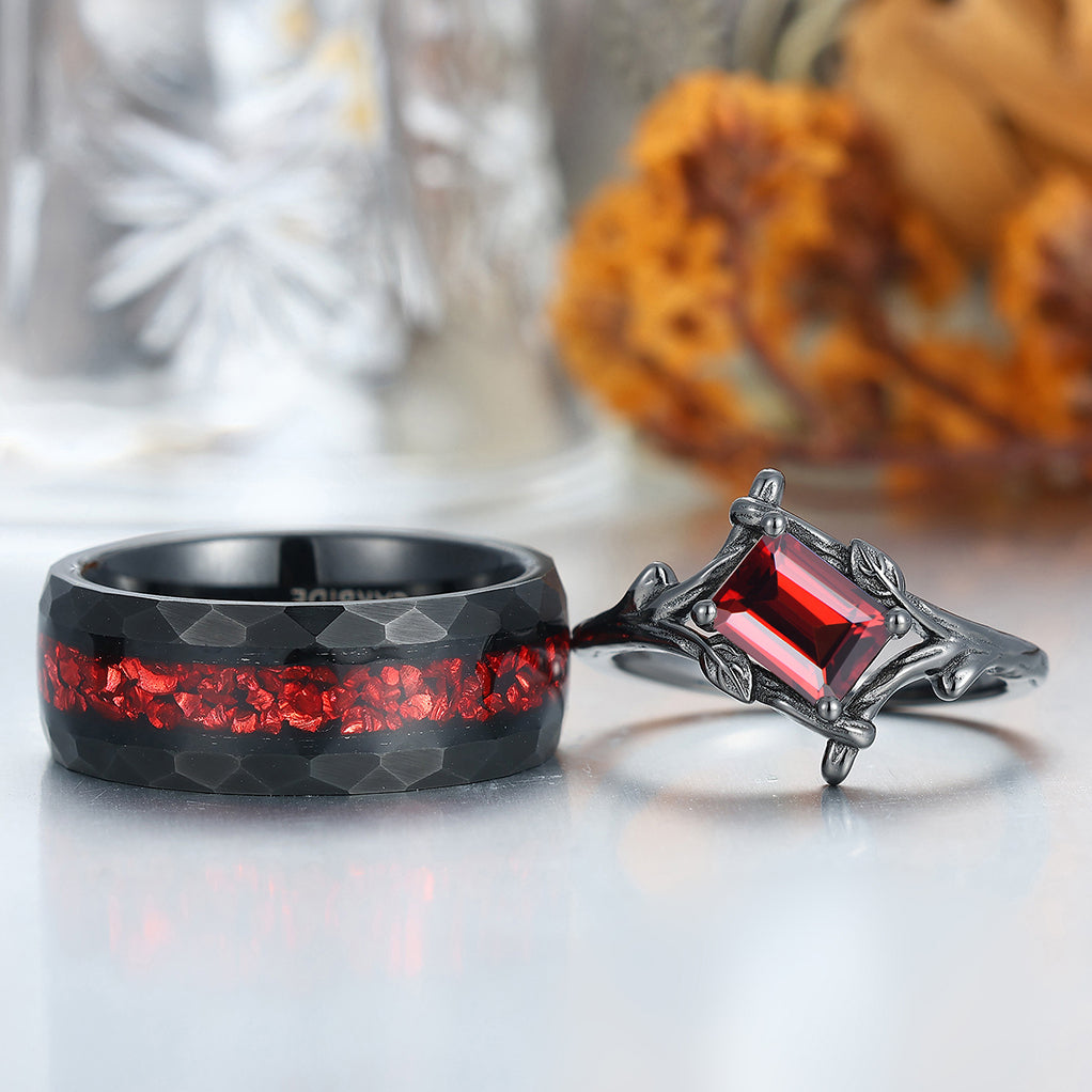 Emerald Cut Red Garnet Branches Couples Ring Set Red Opal Tungsten Matching His and Hers Wedding Band