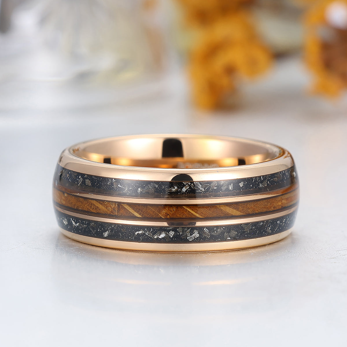Crushed Black Meteorite and Wood Strips Inlay Tungsten Ring Men's Wedding Band For Him
