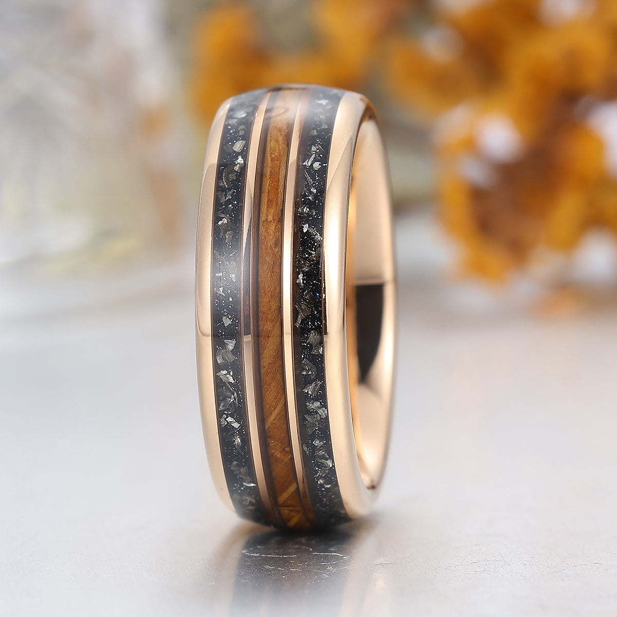 Crushed Black Meteorite and Wood Strips Inlay Tungsten Ring Men's Wedding Band For Him