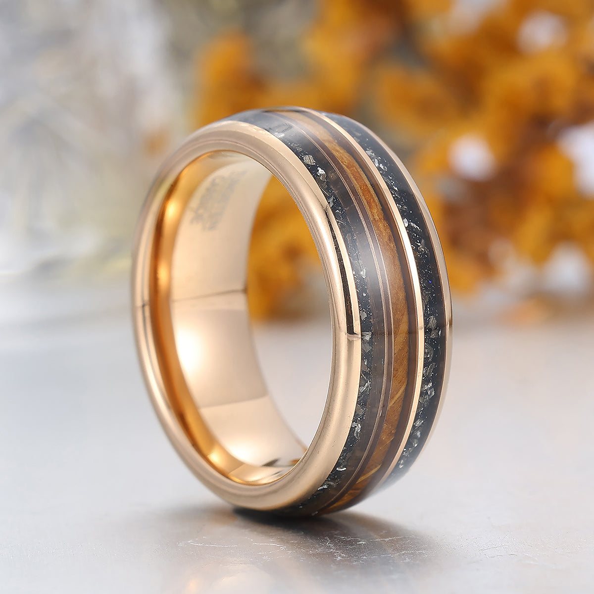 Crushed Black Meteorite and Wood Strips Inlay Tungsten Ring Men's Wedding Band For Him