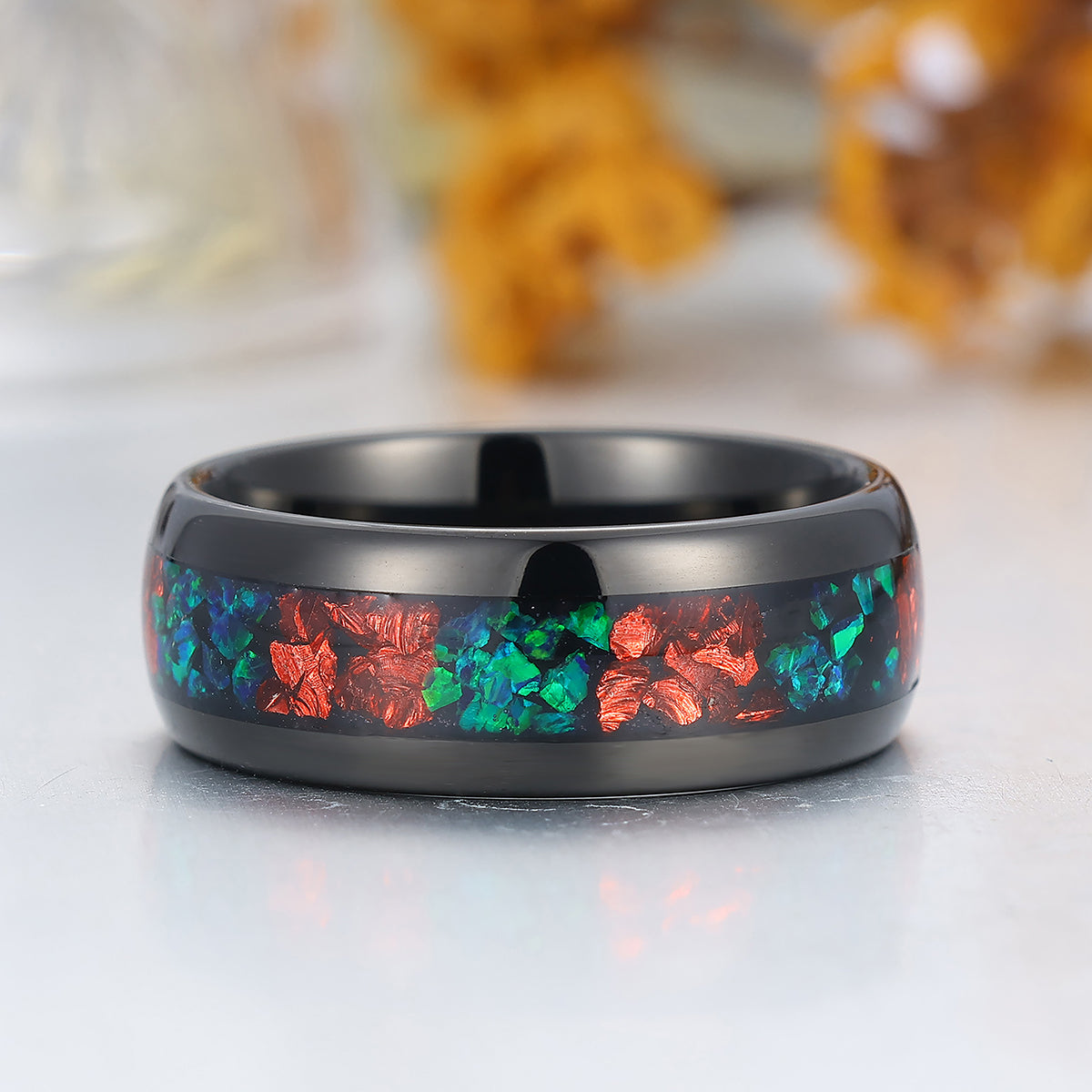 Ruby And Peacock Green Opal Tungsten Ring Polished Dome Black Men's Tungsten Ring