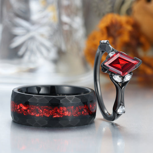 Stylish Red Garnet Accents Rings For Couples Unique Red Hammered Tungsten His Wedding Band