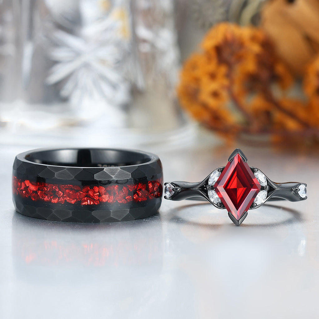 Stylish Red Garnet Accents Rings For Couples Unique Red Hammered Tungsten His Wedding Band