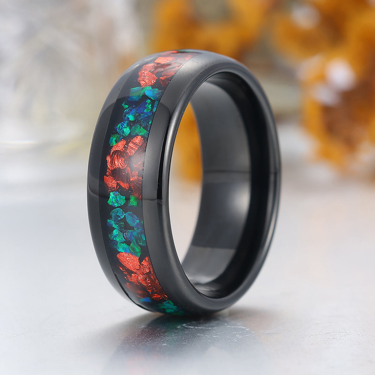 Ruby And Peacock Green Opal Tungsten Ring Polished Dome Black Men's Tungsten Ring
