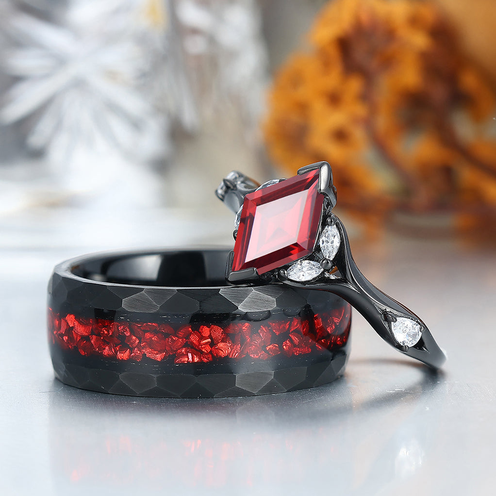 Stylish Red Garnet Accents Rings For Couples Unique Red Hammered Tungsten His Wedding Band