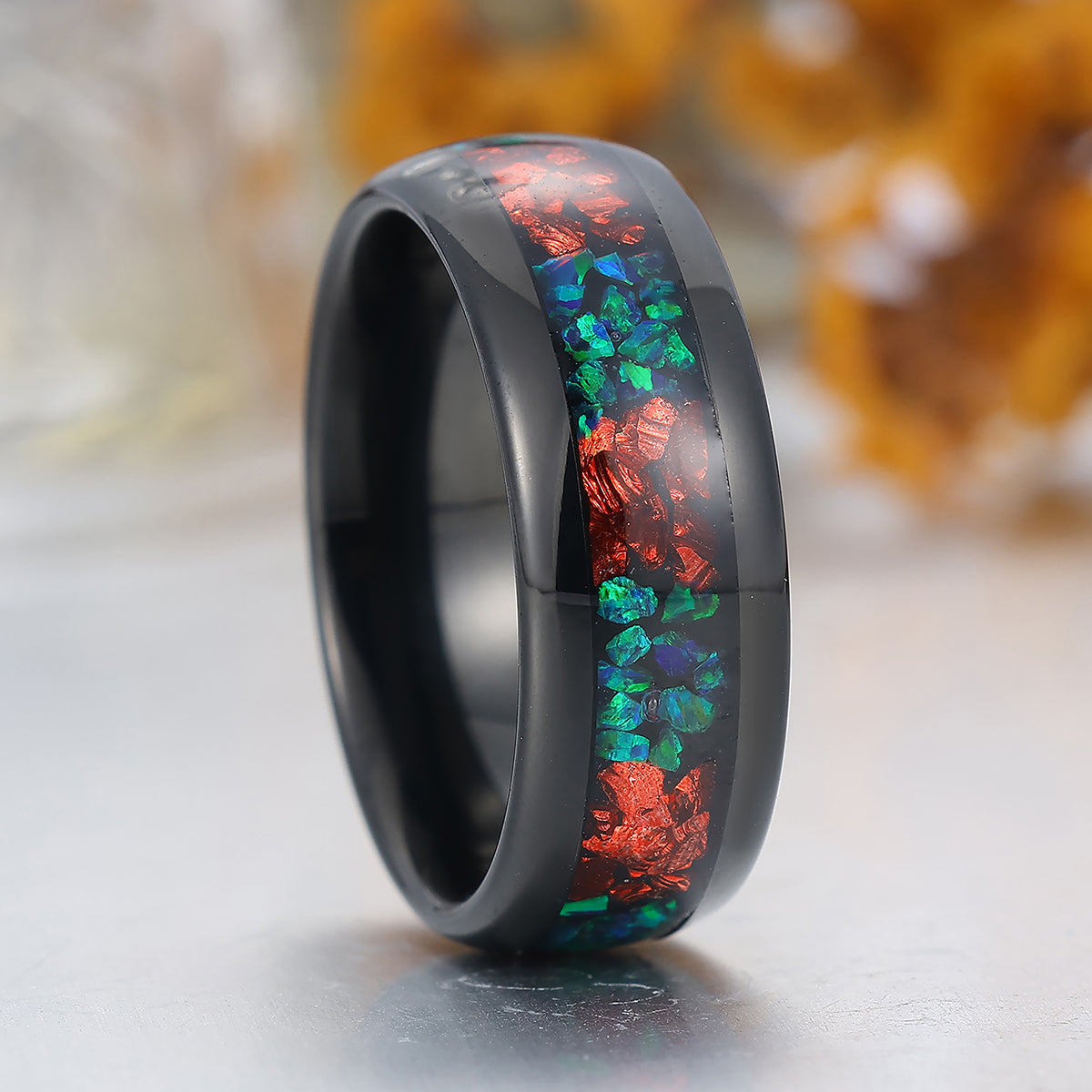 Ruby And Peacock Green Opal Tungsten Ring Polished Dome Black Men's Tungsten Ring