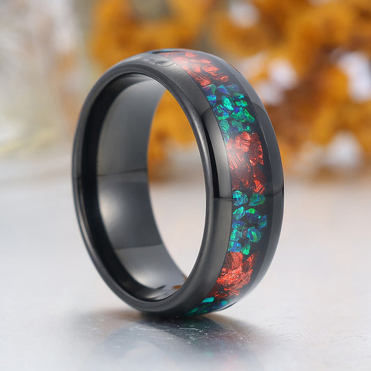 Ruby And Peacock Green Opal Tungsten Ring Polished Dome Black Men's Tungsten Ring