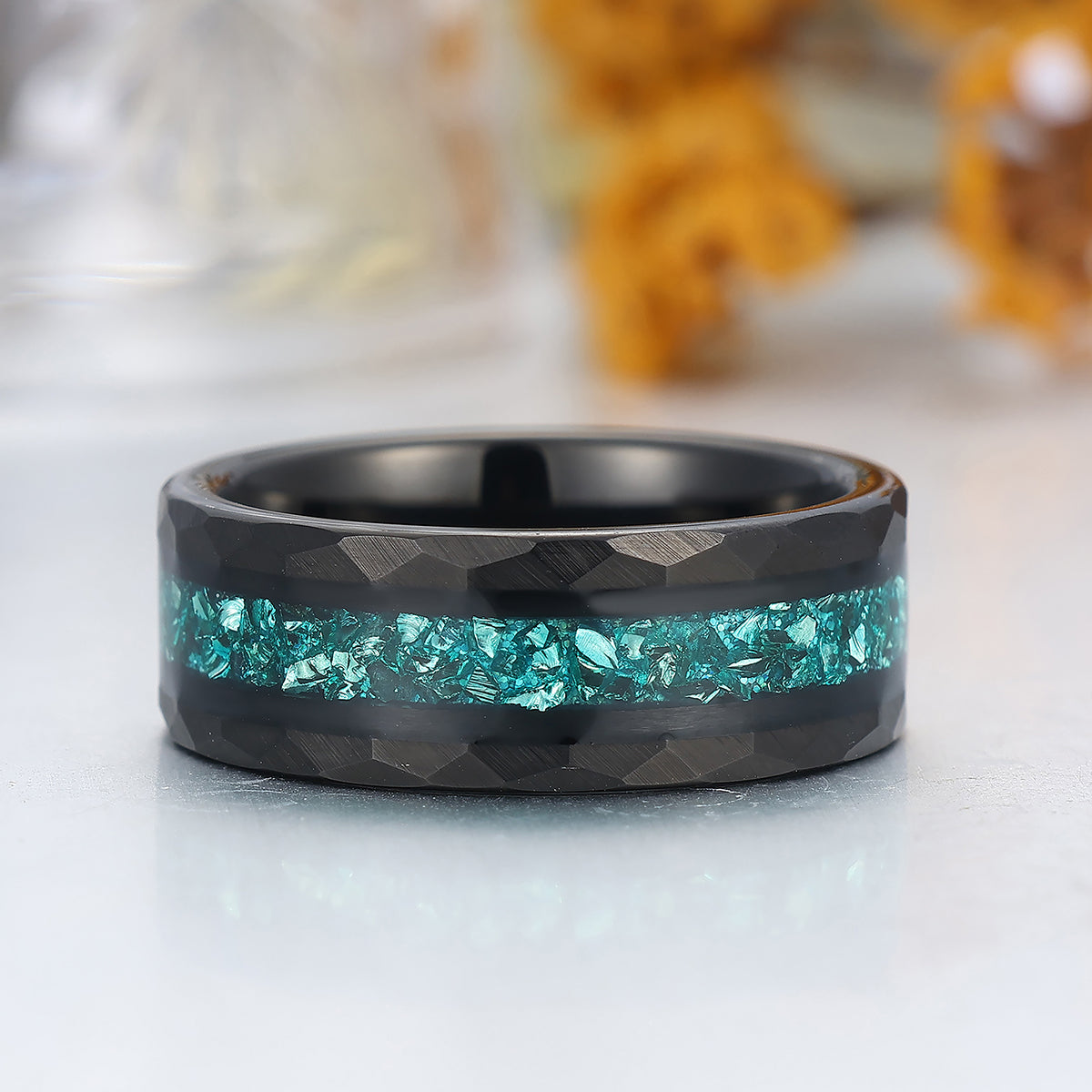 Crushed Blue Aquamarine Hammered Tungsten Ring Comfort Fit Mens Ring Black Tungsten Ring
