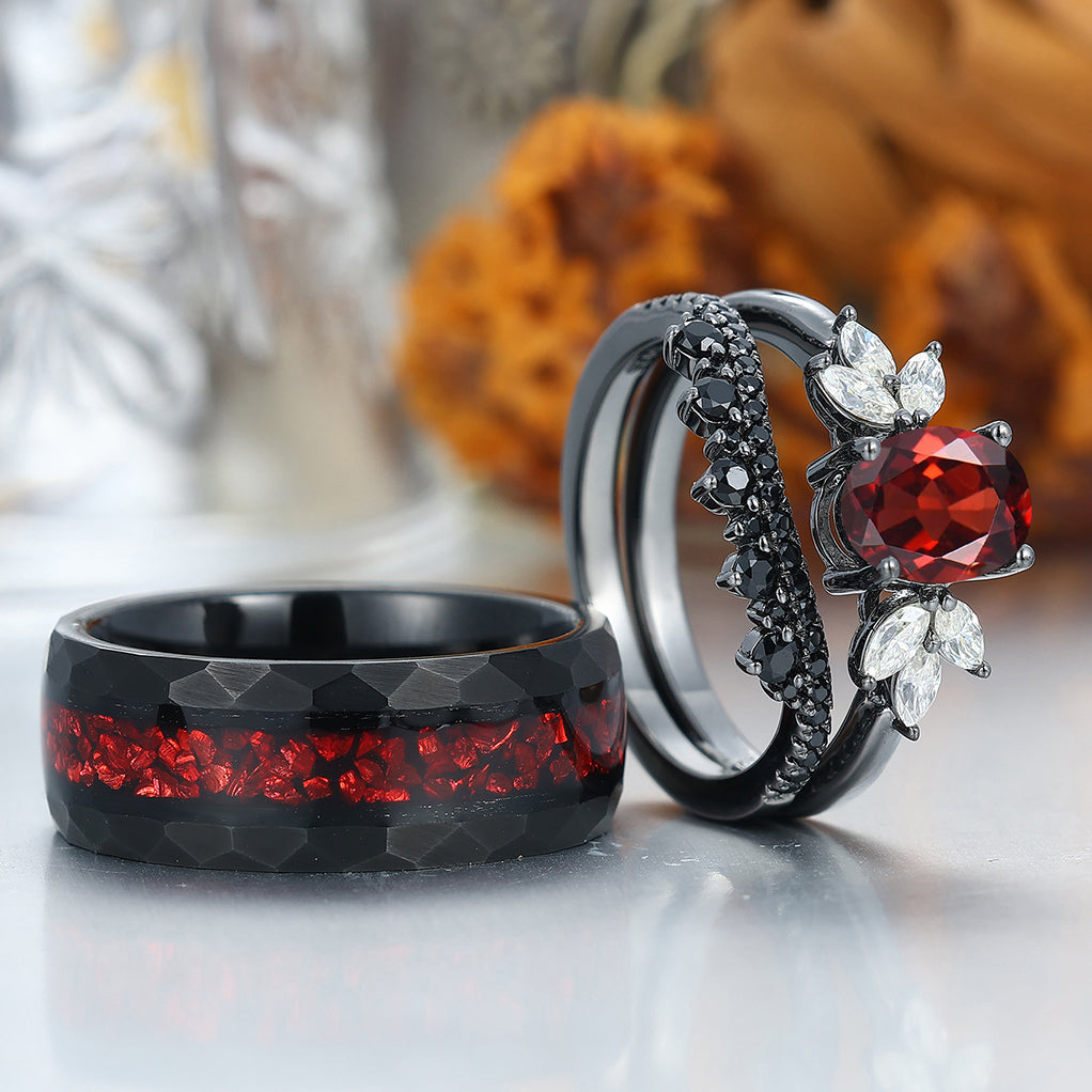 Vintage Oval Red Garnet Tungsten Ruby Couples Ring Set Sterling Sliver Black His and Hers Wedding Band