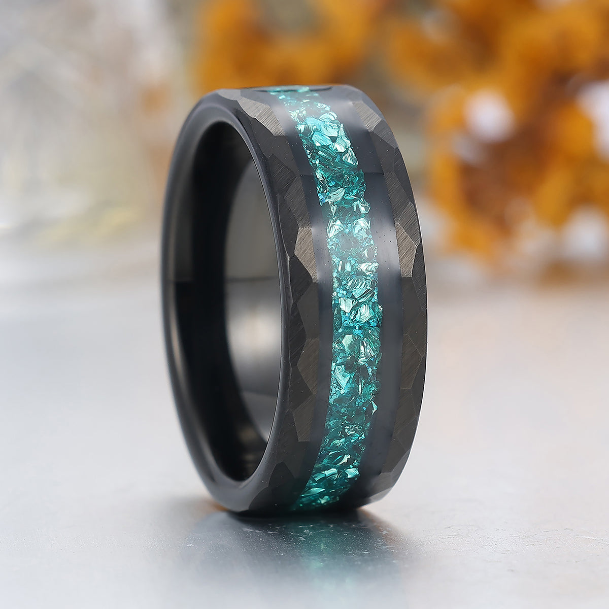 Crushed Blue Aquamarine Hammered Tungsten Ring Comfort Fit Mens Ring Black Tungsten Ring