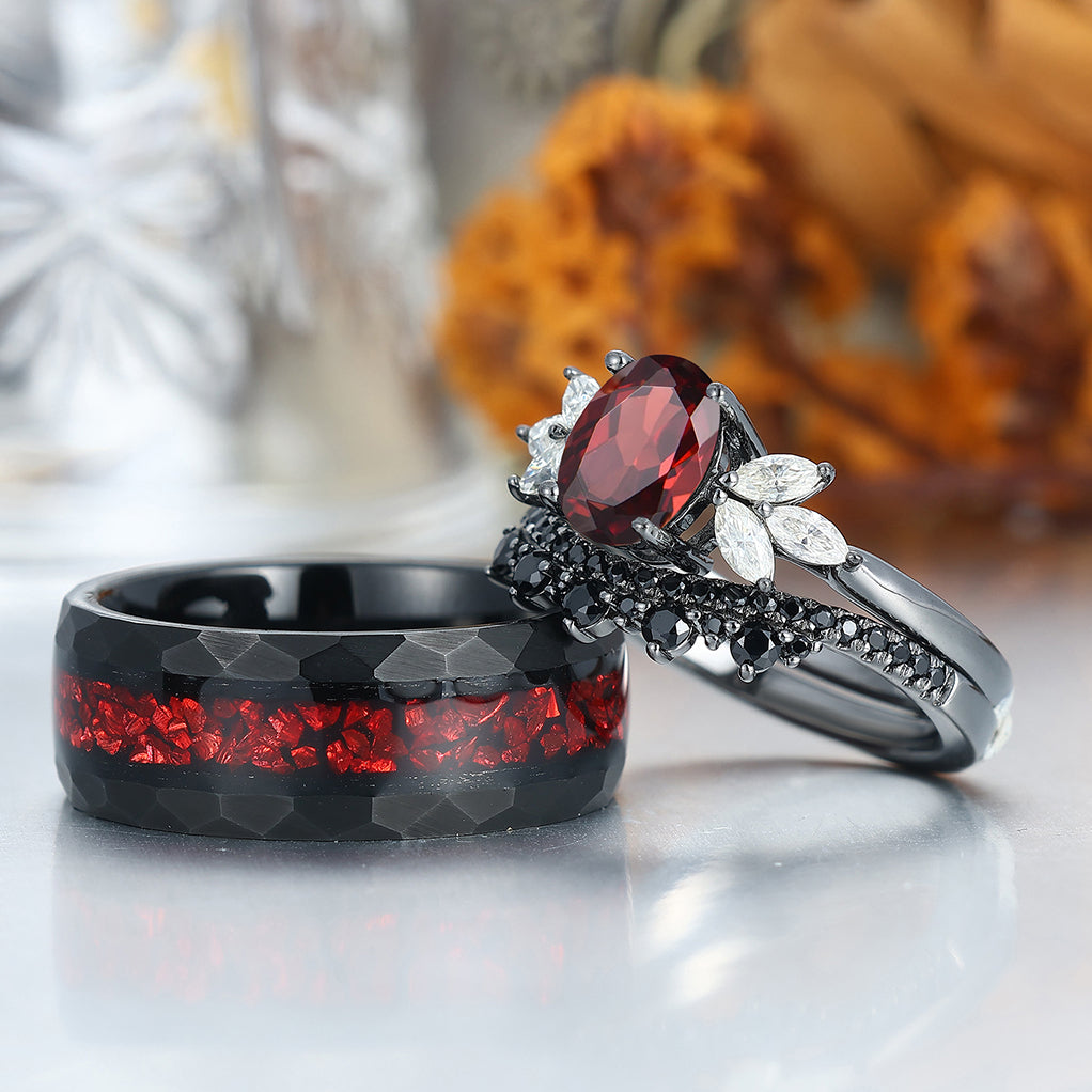 Vintage Oval Red Garnet Tungsten Ruby Couples Ring Set Sterling Sliver Black His and Hers Wedding Band
