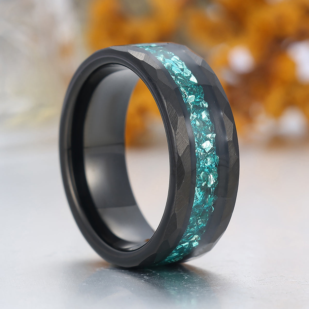 Crushed Blue Aquamarine Hammered Tungsten Ring Comfort Fit Mens Ring Black Tungsten Ring