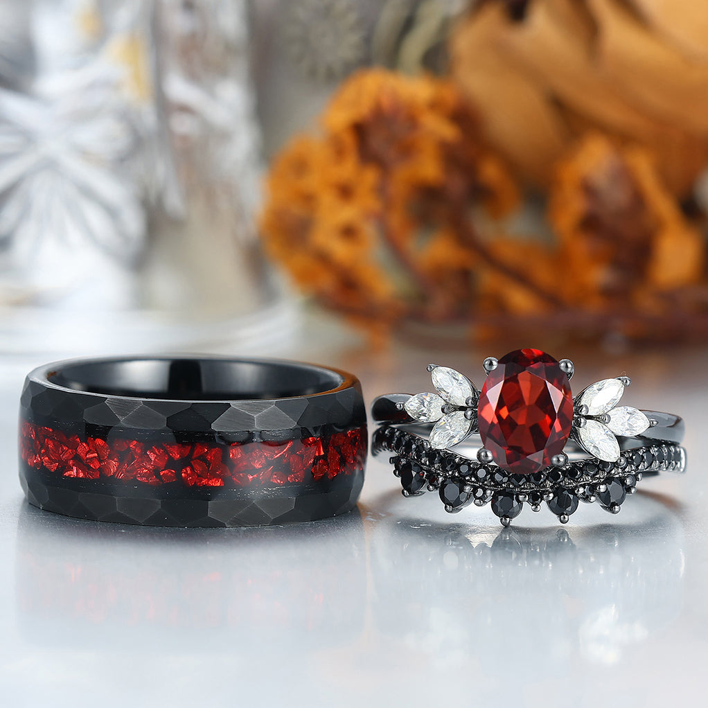 Vintage Oval Red Garnet Tungsten Ruby Couples Ring Set Sterling Sliver Black His and Hers Wedding Band