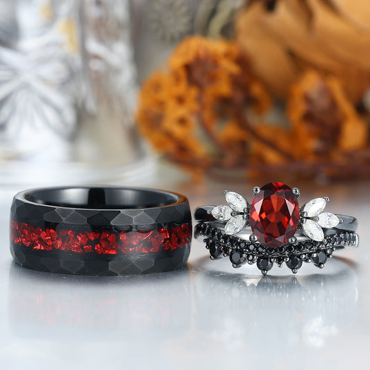 Vintage Oval Red Garnet Tungsten Ruby Couples Ring Set Sterling Sliver Black His and Hers Wedding Band