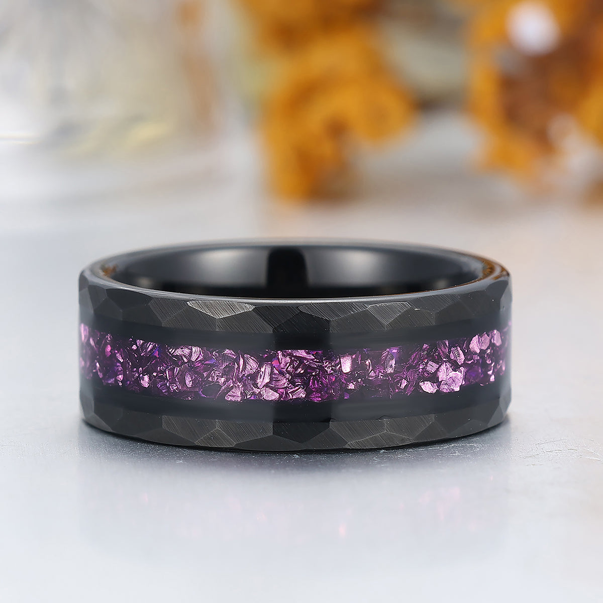 Personalized Purple Amethyst Mens Tungsten Ring 8mm Hammered Black Purple Unisex Ring