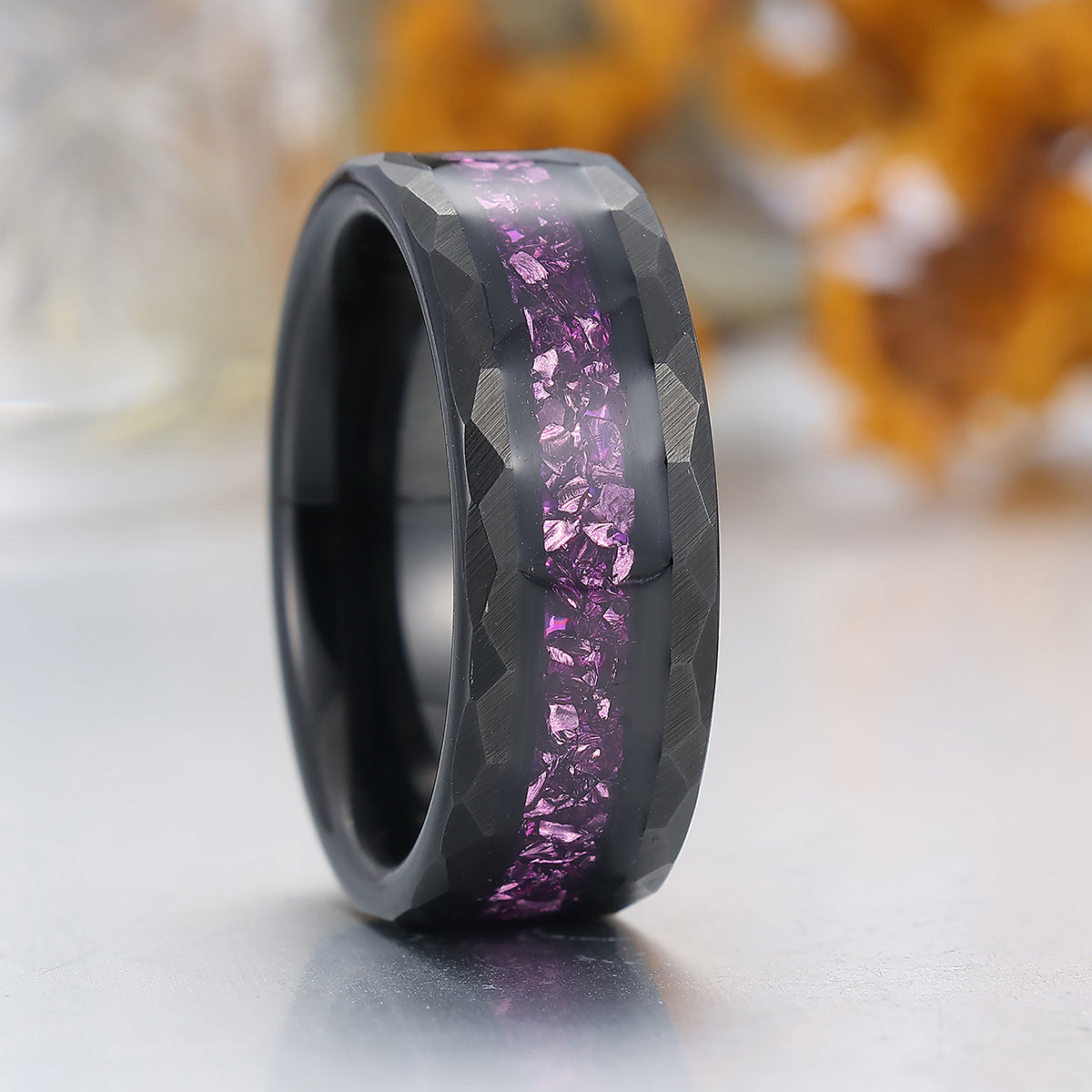 Personalized Purple Amethyst Mens Tungsten Ring 8mm Hammered Black Purple Unisex Ring
