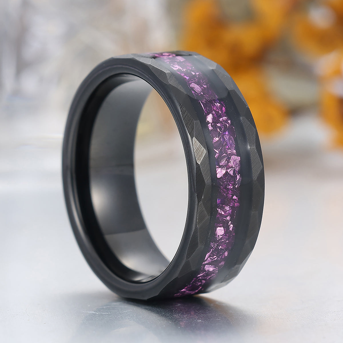 Personalized Purple Amethyst Mens Tungsten Ring 8mm Hammered Black Purple Unisex Ring