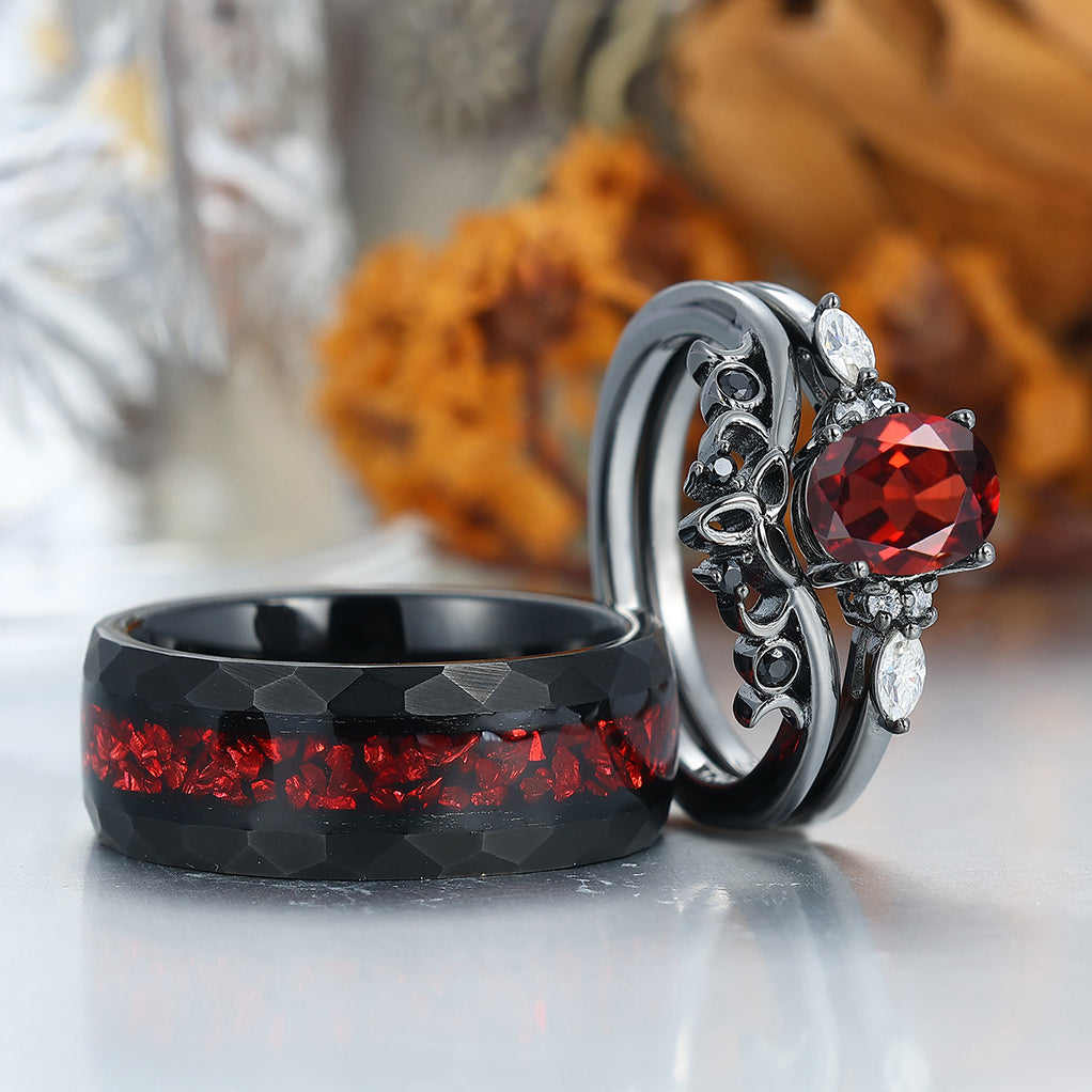 Vintage Oval Red Garnet Tungsten Ruby Couples Ring Set 925 Sterling Sliver Black His and Hers Wedding Band