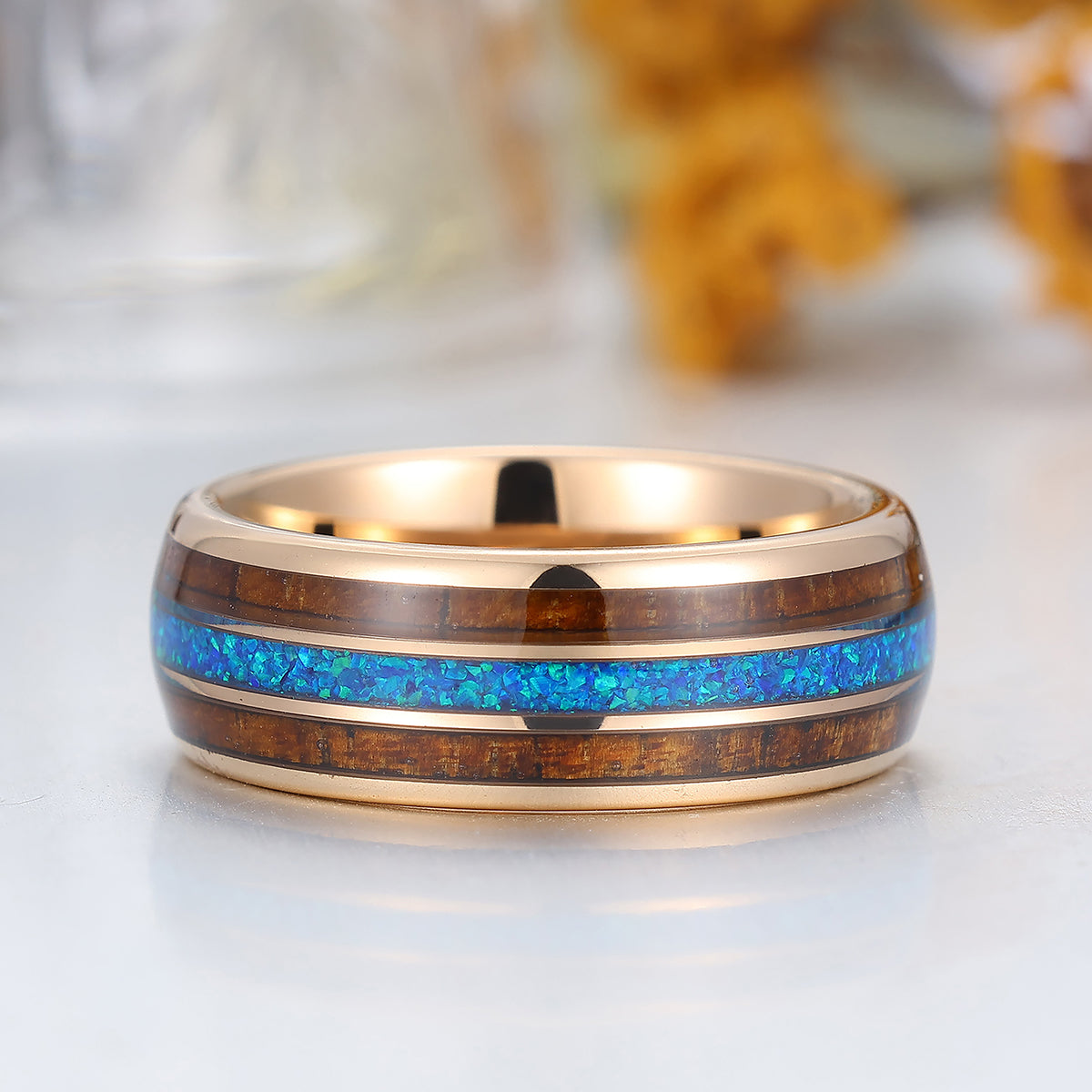 Wooden And Blue Opal Inlay Tungsten Ring Rose Gold Polished Dome Men's Wedding Band