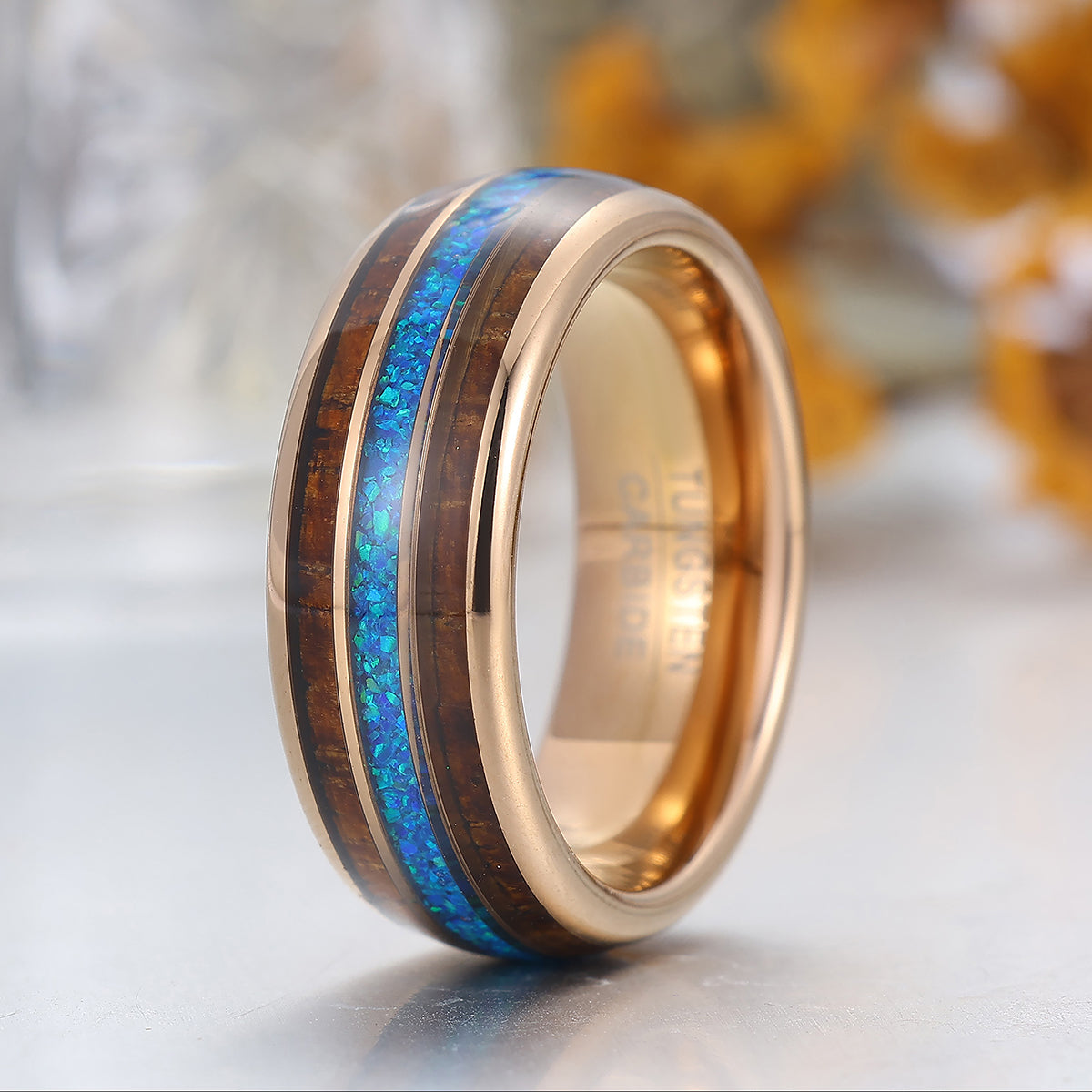 Wooden And Blue Opal Inlay Tungsten Ring Rose Gold Polished Dome Men's Wedding Band