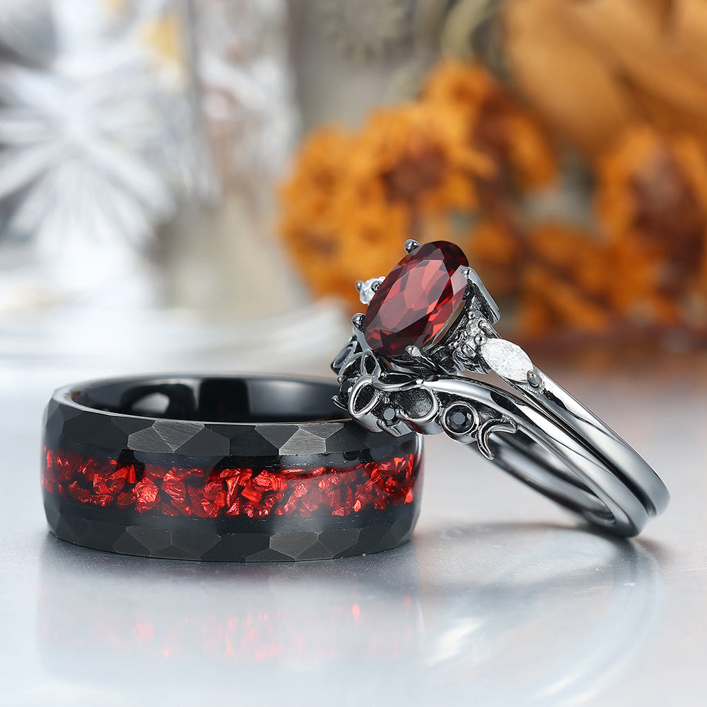 Vintage Oval Red Garnet Tungsten Ruby Couples Ring Set 925 Sterling Sliver Black His and Hers Wedding Band