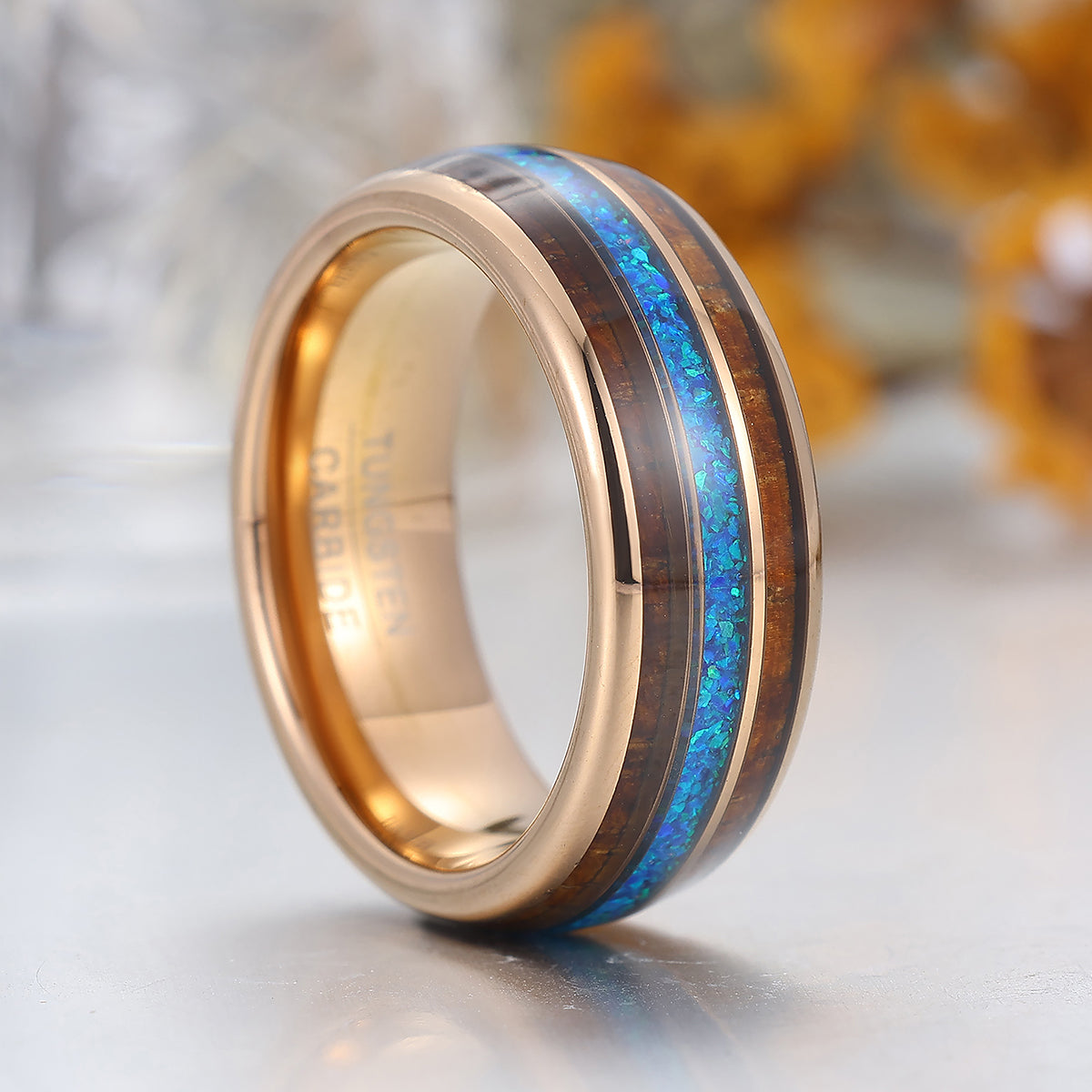 Wooden And Blue Opal Inlay Tungsten Ring Rose Gold Polished Dome Men's Wedding Band