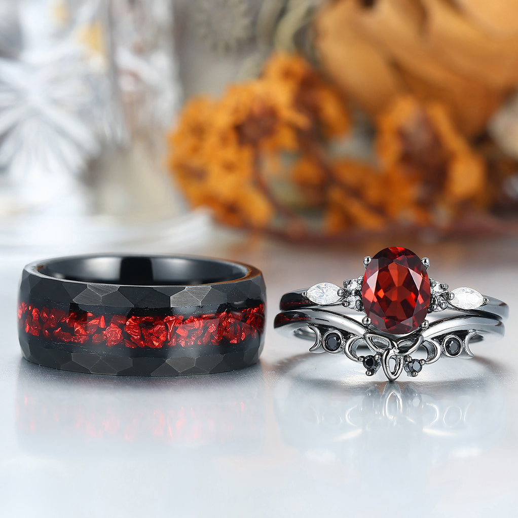 Vintage Oval Red Garnet Tungsten Ruby Couples Ring Set 925 Sterling Sliver Black His and Hers Wedding Band