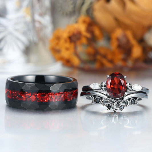 Vintage Oval Red Garnet Tungsten Ruby Couples Ring Set 925 Sterling Sliver Black His and Hers Wedding Band