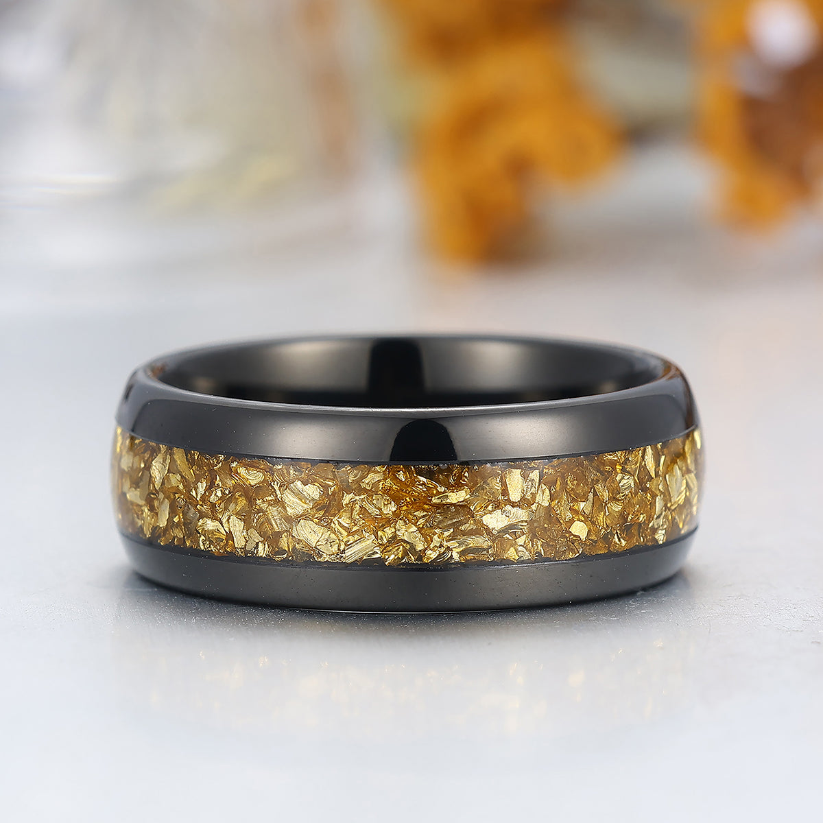 Citrine Inlaid Tungsten Tungsten Ring Yellow Gemstone Mens Ring Black Polished Dome Men's Wedding Band