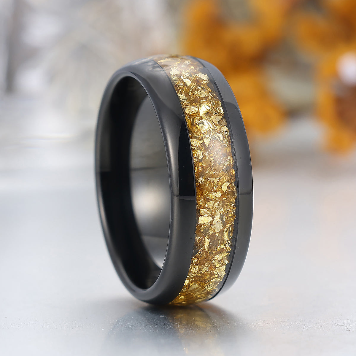 Citrine Inlaid Tungsten Tungsten Ring Yellow Gemstone Mens Ring Black Polished Dome Men's Wedding Band