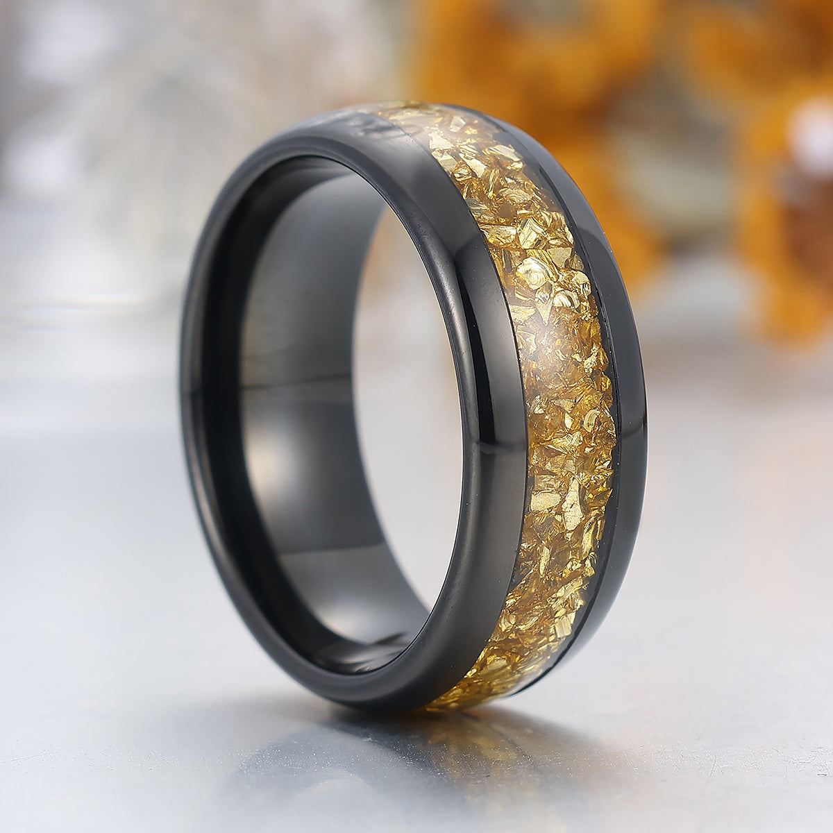 Citrine Inlaid Tungsten Tungsten Ring Yellow Gemstone Mens Ring Black Polished Dome Men's Wedding Band