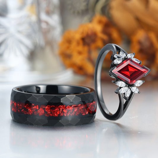 Artsy  Red Garnet Milgrain Ring Set For Couples Promise Blue Tungsten His and Hers Wedding Bands